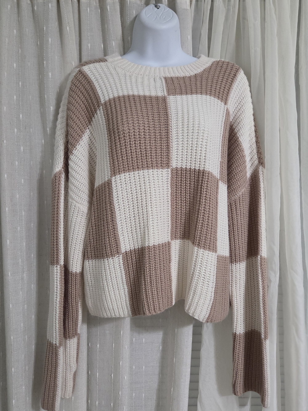 Sincerely Jules Cream & Taupe Checkered Knit Sweater